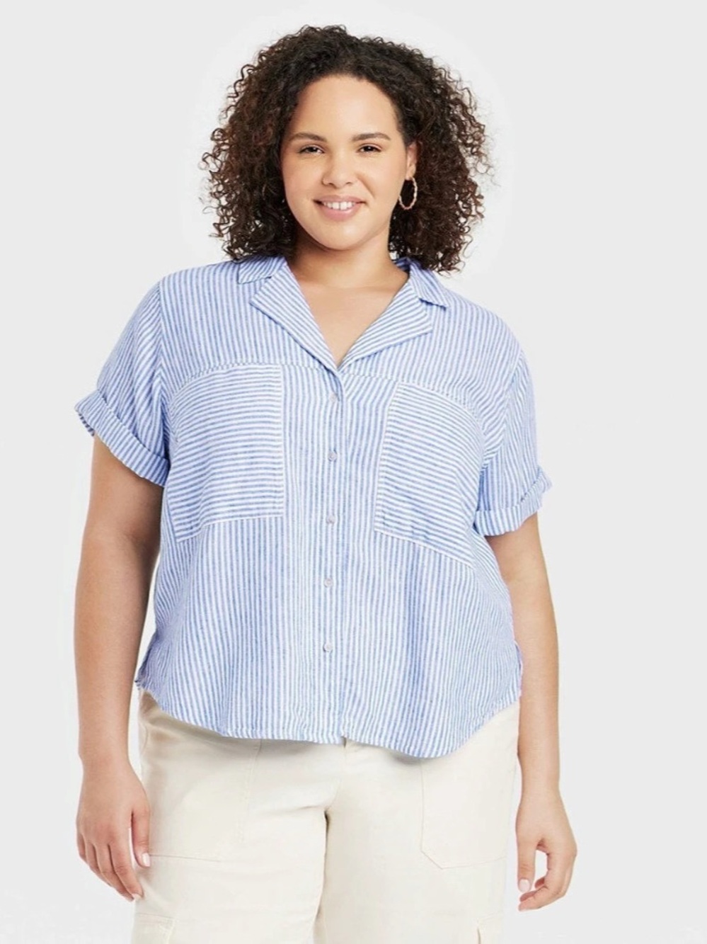 Universal Thread Short-Sleeve Button-Down Camp Shirt Blue & White XXL